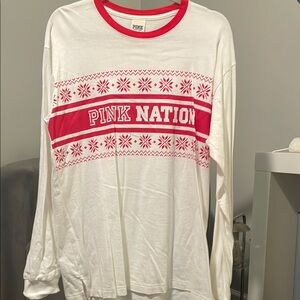 PINK Nation Long Sleeve Shirt. Cream and red